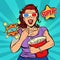 Woman in 3D glasses watching a movie, smiling and eating popcorn