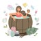 Woman and accessories for baths and saunas. Girly spa. Towels, gel, shampoo, creams. candles, massage stones, mirror