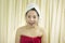 Woman acting smile, sad, funny, wear a skirt to cover her breast after wash hair, Wrapped in Towels After Shower