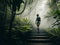 A woman in adventure gear and a hat climbs mossy steps amidst tropical shrubs in a foggy forest