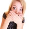 Woman afraid buisnesswoman covers her mouth isolated