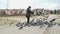 Woman aged 60s feeding flock of pigeons