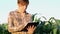 Woman agronomist using tablet computer in agricultural cultivated corn field in sunset