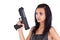 Woman is aiming a handgun