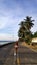 Woman alone at the road with palm trees in Cebu Island