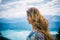 Woman in alp mountains looking at Walchensee