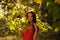 Woman Amongst Backlit Autumn Foliage