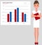 Woman analyses digital report with statistics. Statistical indicators and data on diagram