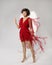 Woman Angel in Cupid Wings Costume, Happy Fashion Model in Red Dress, Beauty Girl