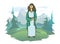 A woman in antique clothes on the background of a forest and a mountain landscape. Vector illustration, isolated on