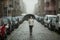 Woman in antivirus mask stands in the middle of a deserted street in cloudy weather