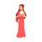 Woman or Aphrodite Greek Goddess stands holding white dove cartoon style