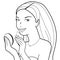 Woman applies lipstick. Vector black and white coloring page.