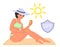 Woman applying sunscreen, flat vector illustration. Sunblock, sun protection cream. Summer beach skin care routine.