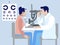 Woman at the appointment with an optometrist, vision test. In minimalist style. Cartoon flat vector
