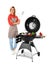 Woman in apron cooking on  grill, white background