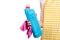 Woman in apron in hands cleaning glove and domestic toilet detergent household chemicals