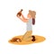 Woman archaeologist standing on knees with ancient ceramic jug in hands. Archaeological excavations. Flat vector design