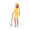 Woman archaeologist in yellow clothing holding shovel vector illustration