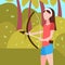 Woman archer holding bow arrow landscape background female sport activity cartoon character full length flat