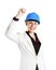 Woman architect, contractor in blue helmet