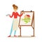 Woman artist holding palette and brush standing near easel. Craft hobby and profession colorful character vector