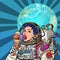 Woman astronaut eats planets of the solar system, like ice cream