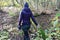 Woman in autumn forest touching a fallen moss covered tree