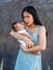 Woman and baby Asian and  nationality Thai is happy feel