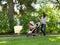 Woman With Baby Carriage Using Cell Phone In Park