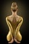 Woman Back Silhouette in Gold Dress. Perfect Slim Fit Body Rear View. Flexible Fashion Girl Model Backside. Bun Hair. Black