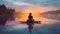 Woman Backlit in Yoga Pose in calm sunrise Zen. Generative AI weber.