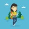 Woman with backpack hiking vector illustration.