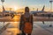 A woman with a backpack walking towards an airport. Backside view. Planes on the background.