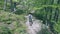 Woman backpacker hiking on footpath inside forest, cinematic look toned video