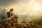 woman with backpacker sitting on top of the mountain and enjoying valley view.