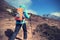 Woman backpacker trekking on himalaya mountains