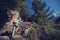 Woman backpacker trekking on himalaya mountains