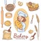 Woman baker with a loaf of bread, various baked goods and baking accessories.