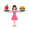 Woman balances Fast food and apple healthy food on scales. Loss weight Diet nutrition  fitness and health concept. vector