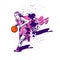 A woman in basketball game is dribbling the ball