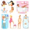 Woman bathing in bathroom vector beautiful girl character in bathrobe cleaning teeth and washing in bath illustration