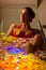 Woman bathing in spa with color therapy