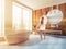 Woman in bathroom interior with sinks and bathtub, windows with city view