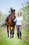 Woman and bay horse in apple garden. Horse and beautiful lady walking outdoor.