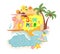 Woman at beach paradise, summer sea vacation vector illustration. Girl at ocean holiday, surfer people surfing on flat