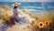 woman on beach ,sea on horizon wooden boat ,pine trees blue sky ,sunflowers ,pastel color ,summer floral impressionist