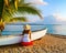 Woman on beach ,Sea And Sun ,Boat on horizon colorful impressionism art painting Monet Style