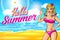 Woman on the beach. vector blonde in a pink bikini on a sunny beach welcomes you. lettering Hello Summer