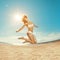 Woman on the beach. Young girl on the sand by sea.